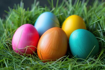 Obraz premium Brightly colored easter eggs resting in a bed of vibrant green grass, symbolizing the joy and renewal of spring
