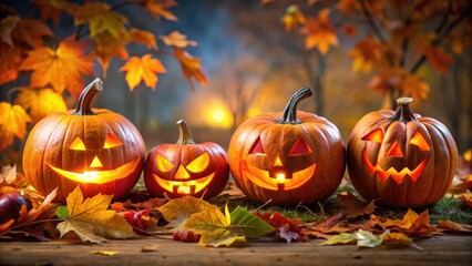 Fototapeta premium Halloween pumpkin scene with carved Jack-o'-lanterns among autumn leaves, creating a festive and spooky atmosphere