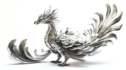 Obraz premium Majestic Silver Phoenix with Radiant Wings, Isolated on White Background