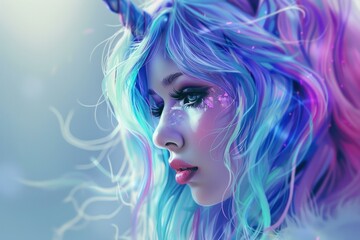 Fototapeta premium Unicorn girl with blue and purple hair and sparkly makeup is posing in profile