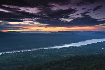 Fototapeta premium Beautiful first light at Pha Chanadai Cliff, Pha taem National Park, Ubon Ratchathani Province, Thailand 