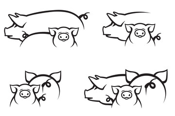 collection with monochrome illustration of pigs and piggy isolated on white background