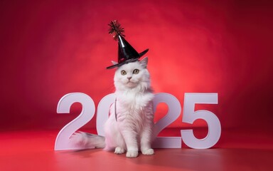 A festive white cat in a New Year's black hat on a bright red background. Pohadu inscriptions 2025. Concept of new year, New Year's holidays