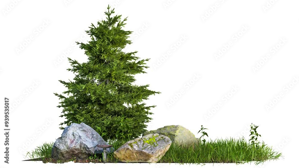 Poster tree with grass field animation footage isolated on white background, 3d illustration rendering