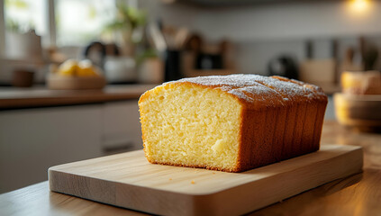 Freshly baked loaf of yellow cake on a wooden board, showcasing a soft texture and appetizing appearance in a cozy kitchen setting.