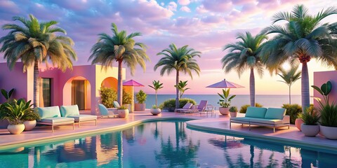 Fototapeta premium Soothing shades of blue and green envelop you in a serene atmosphere, as the gentle hum of a small waterfall creates a calming melody in this tropical oasis.