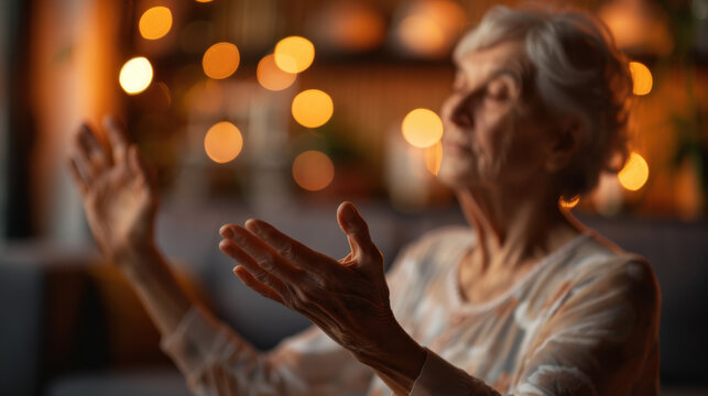 A close-up photograph focusing on the hands and arms of a senior woman in a yoga pose, with the