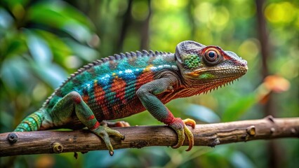 Obraz premium Warzencham?leon crawling on a branch in Madagascar forest, Furcifer verrucosus, chameleon, reptile, wildlife