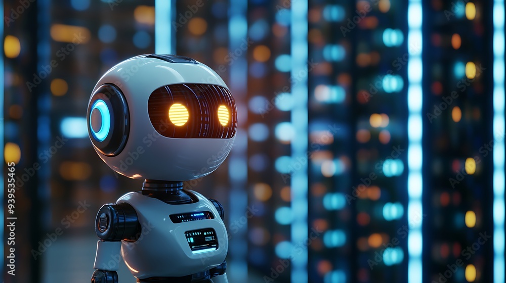 Poster futuristic cute robot with glowing eyes in data center server room close-up shot with bokeh effect