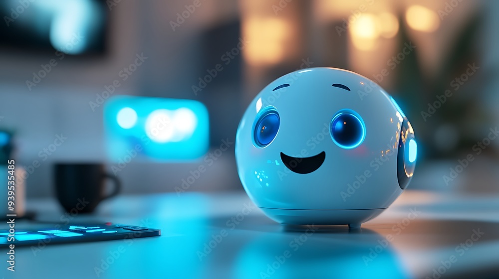 Poster futuristic ai hologram assistant at smart home control panel - close-up shot with bokeh effect