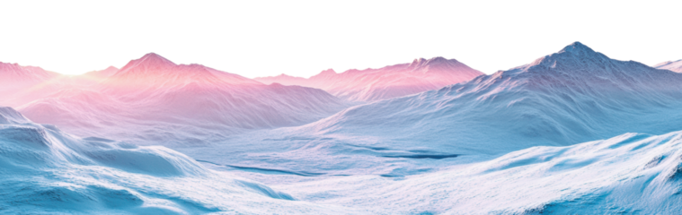Dawn over snowy mountains with pink skies, cut out - stock png.