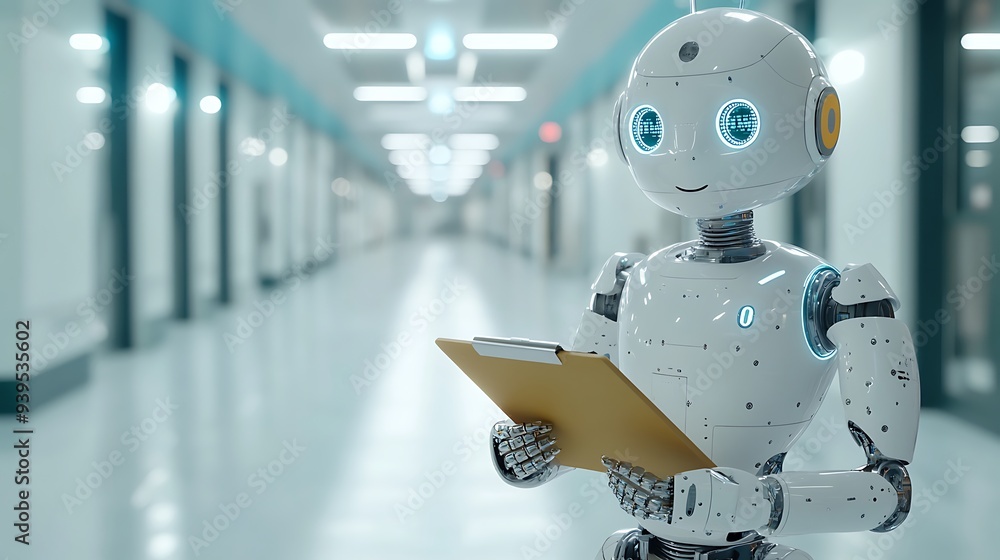 Poster futuristic medical robot in hospital hallway - close-up 3d render with bokeh effect and blurred back