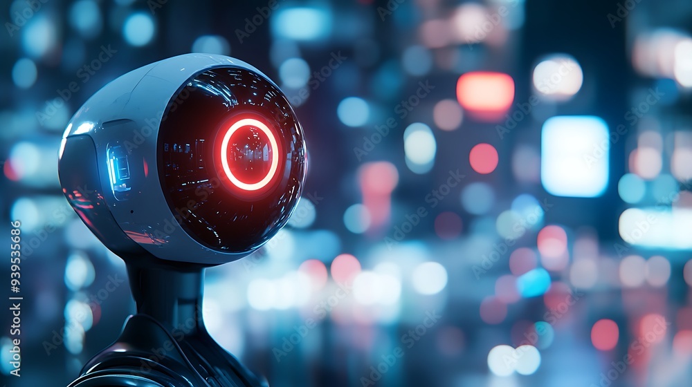 Poster futuristic security robot patrolling near surveillance system in close-up, high-resolution 3d render