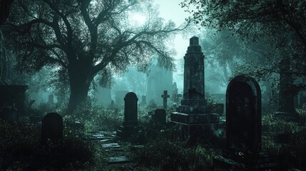 Foggy Graveyard with Tall Headstones