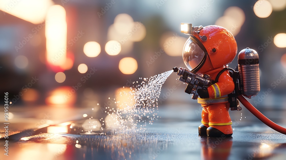Poster miniature robotic firefighter in action at training facility with bokeh effect