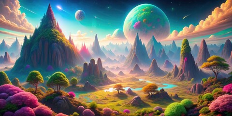 Lush, colorful alien landscape with floating fantasy mountains on opalescent planet , alien, landscape, colorful, lush
