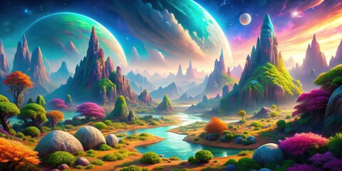 Lush, colorful alien landscape on opalescent planet with floating fantasy mountains, alien, landscape, opalescent