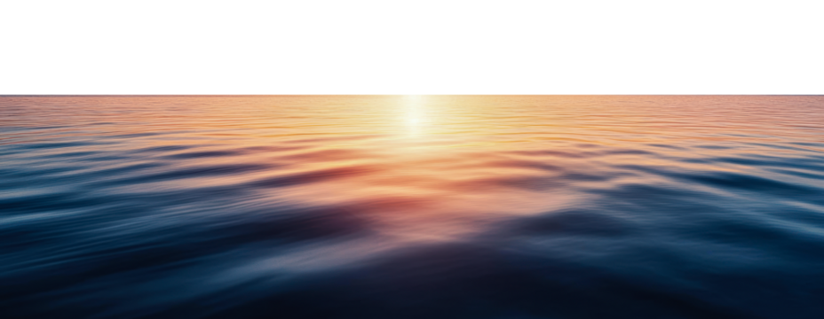 Serene sunset over calm ocean waves at twilight, cut out - stock png.
