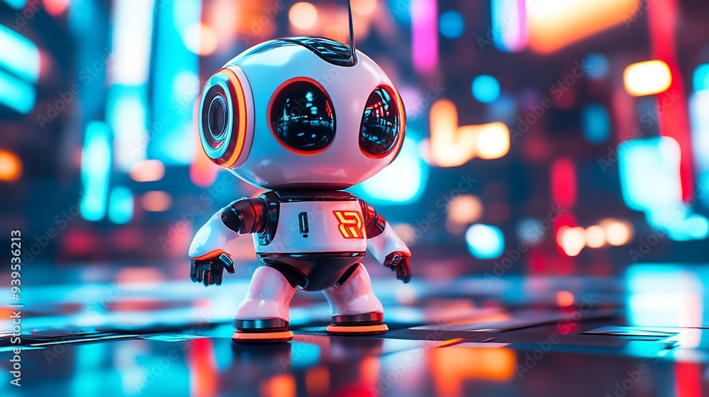 Poster futuristic robotic toy in playful action on hi-tech playground | close-up bokeh effect with blurred 