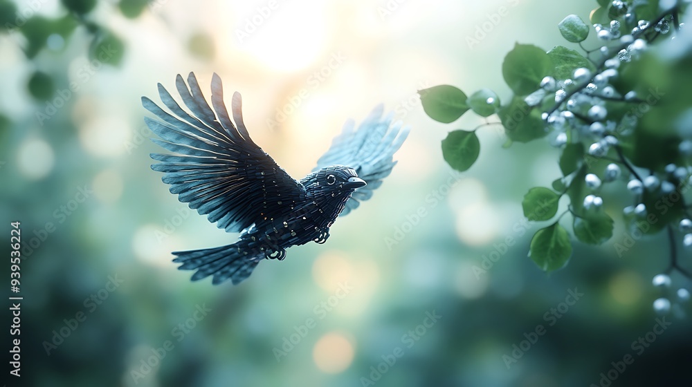Aufkleber tiny robotic bird soaring through digital nature reserve - close-up bokeh shot with blurred backgrou