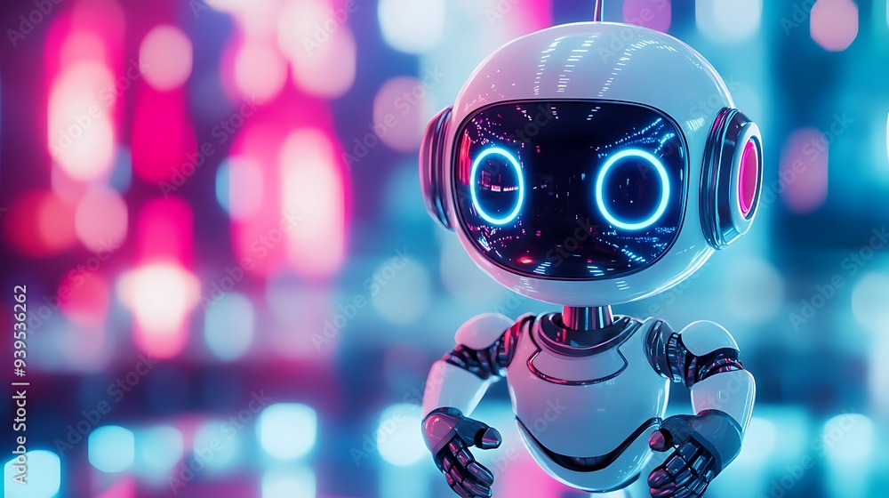 Aufkleber playful robotic toy on futuristic playground - close-up 3d render with bokeh effect and blurred back