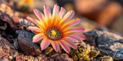 Pink and yellow cactus flower amongst rocks.