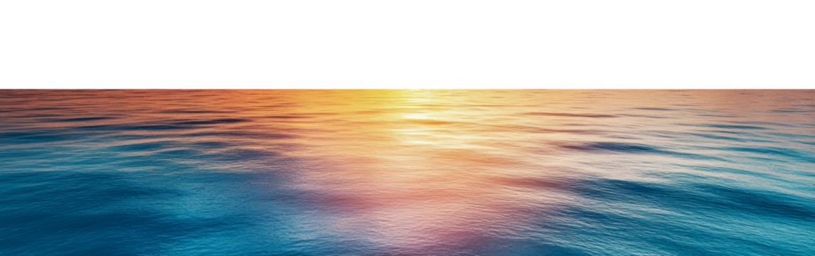 Serene sunset over calm ocean waters at dusk, cut out - stock png.