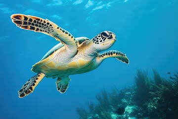 Obraz premium Florida Sea Turtle. Underwater Adventure in Florida Keys with Hawksbill Turtle and Colorful Reef