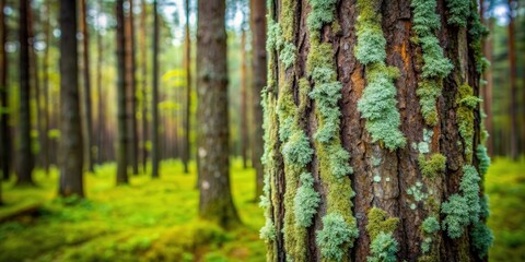 Obraz premium Tree trunk covered with lichen in a dense forest, nature, environment, outdoors, woodland, natural, texture, close-up, tree bark