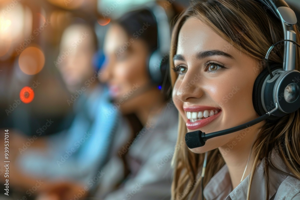 Poster customer service representative is smiling while talking to a customer on a headset