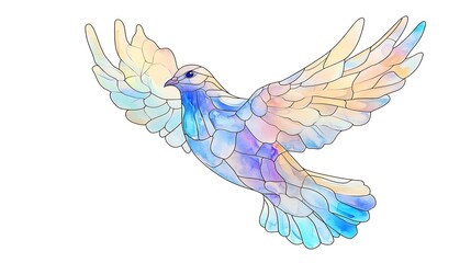 Tranquil Dove Stained Glass Window Design in Pastel Watercolor - Hand-drawn Peaceful Bird with Cloud Feathers on White Background