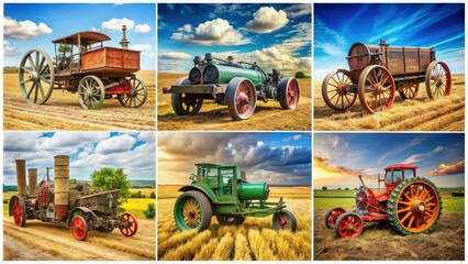 Obraz premium Collage of antique agriculture machines from 1908 , vintage, engraved , farming, equipment, machinery