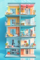 Crosssection apartment building, detailed rooms, bright colors, 3D illustration, daylight