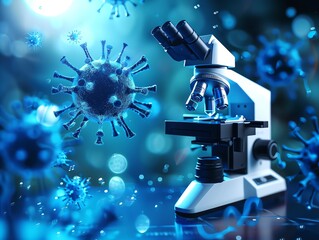 Microscope focusing on viruses, blue lighting, scientific setting, macro shot