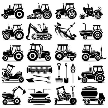 Harvest Icons: Set of Agriculture Vehicles Designs vector illustration.