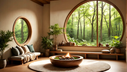 A tranquil meditation room surrounded by nature's beauty for mindfulness and relaxation