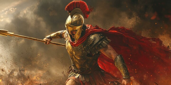A Spartan warrior in golden armor and red cape.
