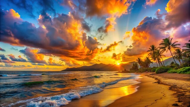 Vibrant sunset over the North Shore of Oahu, Hawaii, Sunset, North Shore, Oahu, Hawaii, Tropical, Beach, Scenic