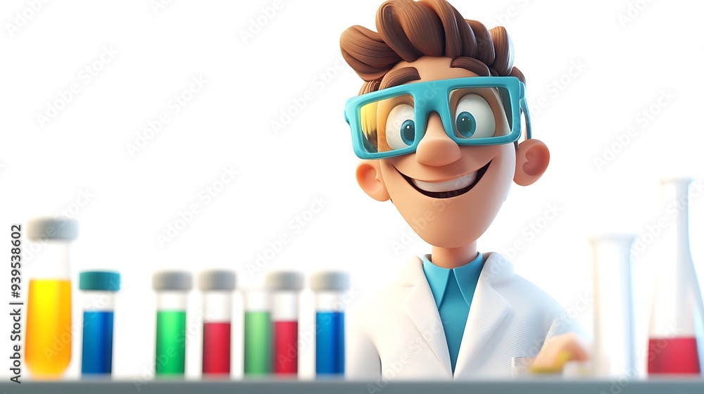 Aufkleber cartoon scientist with test tubes in 3d rendering on white background