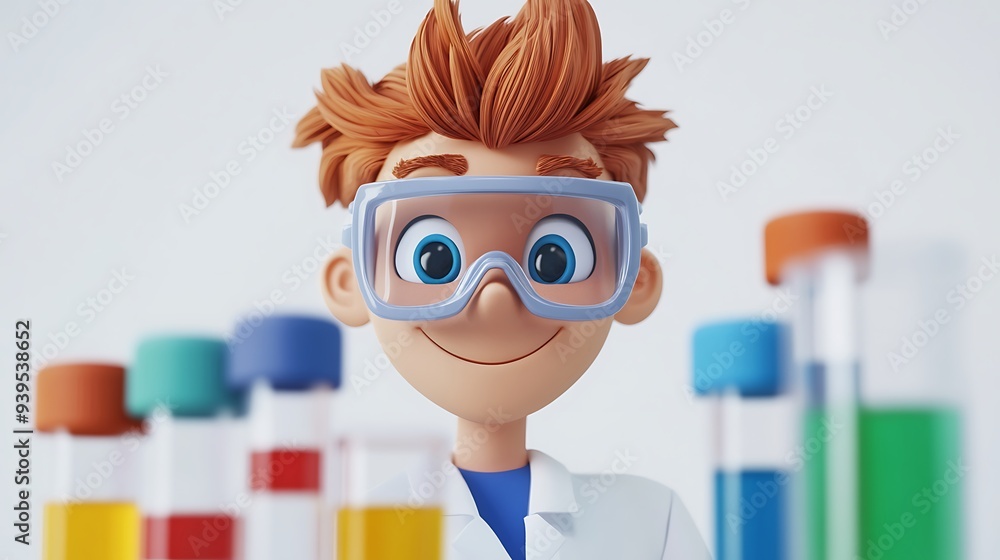 Aufkleber cartoon scientist in lab coat with test tubes on white background - 3d rendering