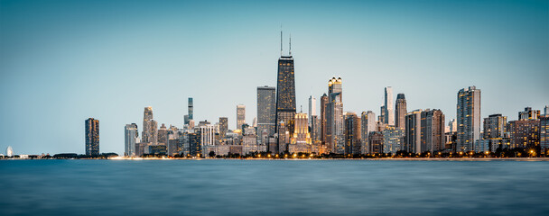 the skyline of chicago during the blue hour