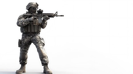 Fototapeta premium Courageous Cartoon Soldier in Camouflage Uniform with Rifle and Helmet in 3D Rendering on White Background