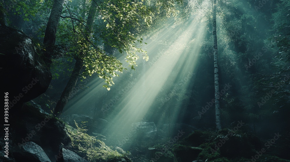 Poster soft rays of sunlight pierce through dense foliage in a tranquil forest, creating a mystical atmosph
