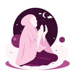 Cute muslimah pink hijab girl praying seriuously side view at night modern noface design style vector illustration