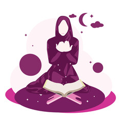 Cute muslimah purple girl praying with book at night modern noface design style vector illustration