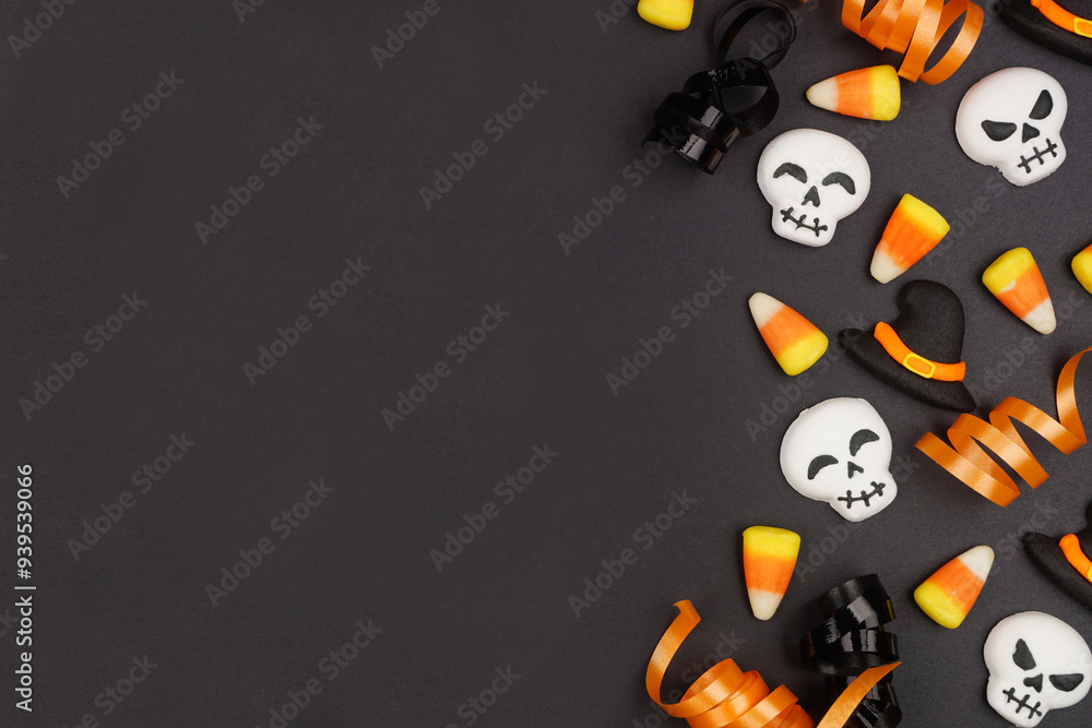 Poster halloween side border of black, white and orange color candy and ribbon. overhead view on a black ba