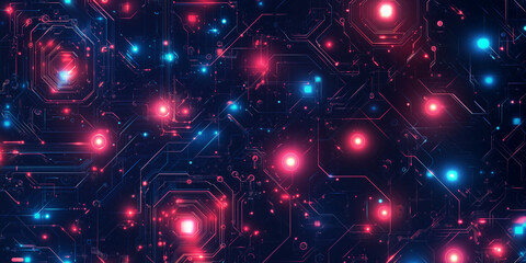 Futuristic digital illustration of a glowing circuit board pattern with pink and blue neon lights. Abstract tech concept representing data flow, AI, and digital connectivity