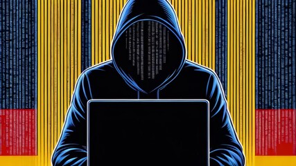 Anonymous Computer Hacker against abstract German flag and binary code on background. attacking internet Hacking malware concept. Hacker abstract laptop binary code digital interface. Virus, Spyware - Powered by Adobe