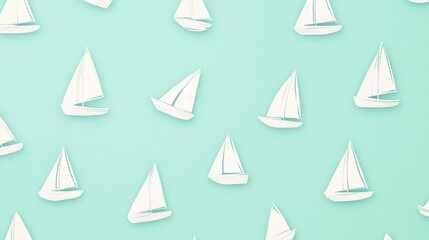 A pattern of white sailboats on a mint green background.