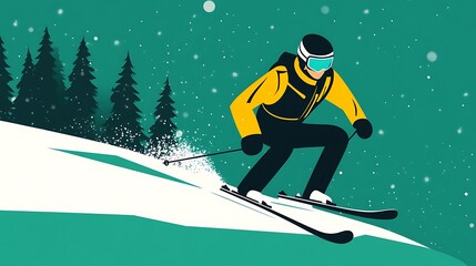 Fototapeta premium Adventurous Skier in Vibrant Yellow and Black Suit on Green Background Surrounded by Pine Trees - Flat Vector Illustration with High Contrast